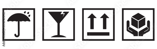 “Fragile Package Shipping Icons Set – Handle with Care, Recycle, Delivery, Caution Box Symbols Collection Vector”