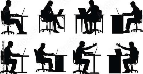 Business people silhouettes working on laptops at desks, office workers in various sitting poses, remote work and productivity concept