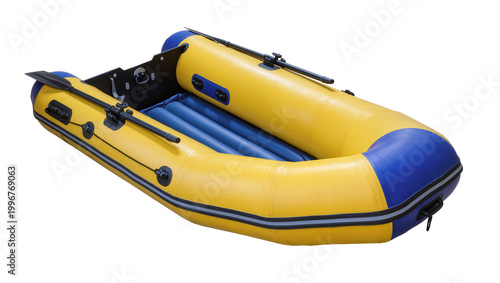 Yellow and blue inflatable dinghy with oars, isolated on transparent background