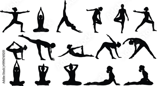 Collection of yoga pose silhouettes showing fitness, flexibility, balance, meditation and wellness exercises isolated on clean white background design