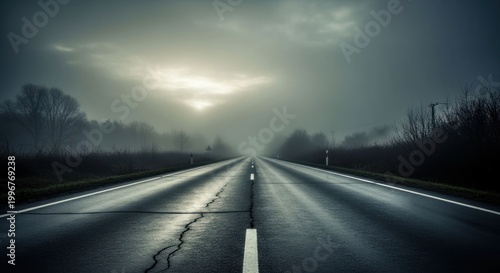Eerie Road Ahead A Journey into the Unknown with Fog and Mystery.