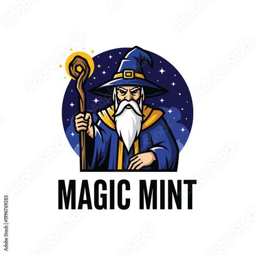 Wise bearded wizard holding a magical wooden staff with glowing energy.