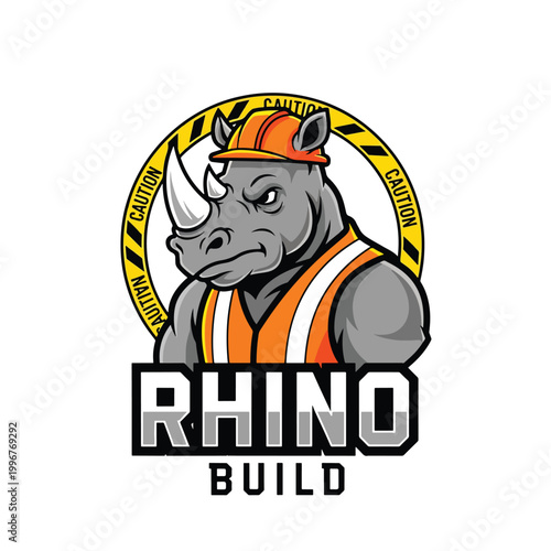 Tough rhinoceros construction worker mascot logo design.
