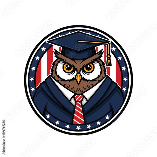 Wise owl character wearing a graduation cap and professional business suit.