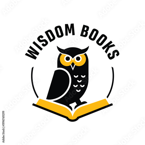 Wisdom Books logo design with owl sitting on an open book.