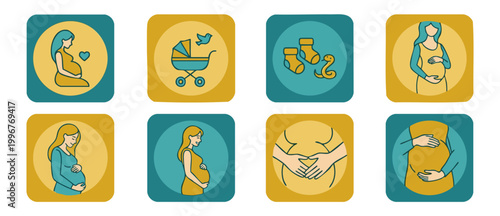 Pregnancy icons set collection, pregnant woman vector symbols for maternity care and baby shower design, flat line art graphics in blue and yellow colors for web and print media applications isolated