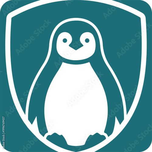 Cute penguin in a teal shield logo, friendly and approachable design
