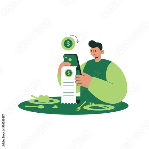 Cartoon man with money and receipt.