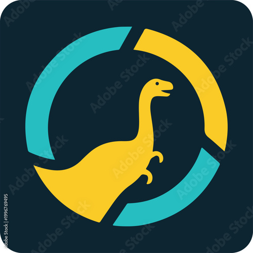 Yellow dinosaur inside a circular graphic with blue and yellow segments
