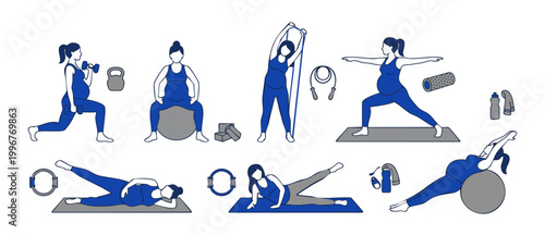 Pregnant Woman Exercise Fitness Routine, Prenatal Yoga and Workout Poses with Gym Equipment for Healthy Pregnancy, Active Lifestyle and Body Care Vector Illustration Set of Maternal Sports Activities