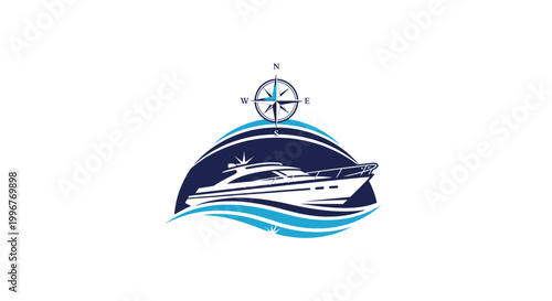 Luxury Yacht Sailing on Ocean Waves with Compass.