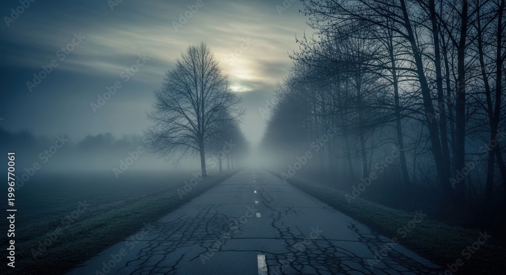 Fototapeta premium Eerie Road Through Foggy Landscape A Mysterious Journey.