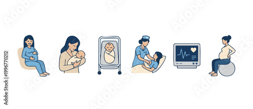 Pregnancy and Childbirth Process Icons Set, Maternity Care Stages, Newborn Baby Infographic Elements, Medical Healthcare Concept for Prenatal, Postnatal, Motherhood and Labor Delivery Vector Illustrat