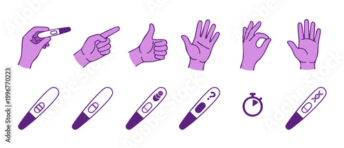 Pregnancy Test Icons Set and Hand Gestures Collection for Medical Planning and Fertility Healthcare Infographics, Flat Purple Vector Illustration Symbols for Family Planning, Reproduction and Diagnosi
