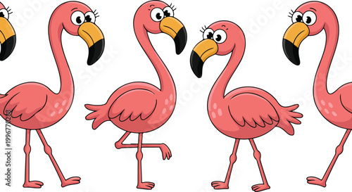 Cute Pink Flamingo Seamless Pattern Line Art Set  Playful Tropical Bird Repeat Design