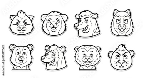 Eight cartoon bear heads with different expressions on white background