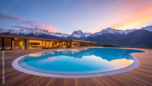 Luxury mountain spa with steaming thermal pools surrounded by snowy landscape at sunset, offering serene relaxation, wellness retreat atmosphere, and scenic winter travel destination experience.