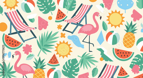 Tropical summer pattern flamingos fruit and beach chairs on cream background