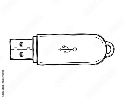 Hand drawn sketch of a USB flash drive with USB symbol on transparent background.