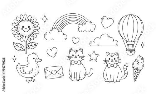 Whimsical doodle set animals flowers and sky elements in black and white