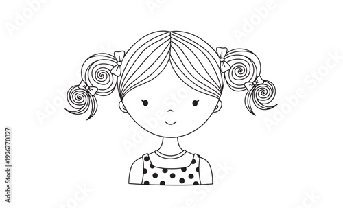 Charming black and white illustration of a girl with floral pigtails
