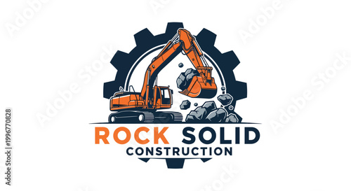 Rock Solid Construction Excavator Moving Rocks with Gear Symbol.