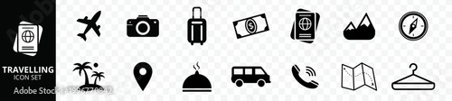 Travel and tourism solid icon set for web and mobile UI design | Flat travel icons including plane, passport, luggage, and vacation symbols | Vector icon collection for holiday planning, navigation