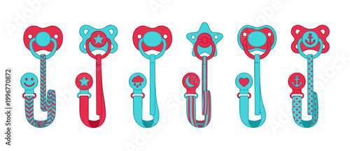 Baby Pacifier Clips Set With Soothers, Colorful Infant Dummy Holders Collection, Cartoon Style Nipples With Various Icons And Patterns For Newborns And Toddlers Accessories Design On White Background
