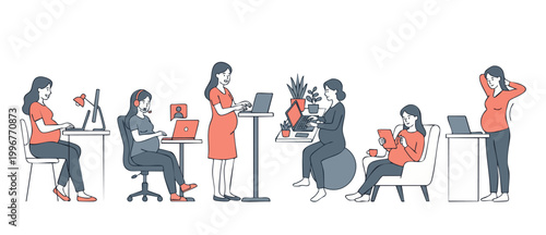 Pregnant business women working, office characters using laptop, digital tablet and ergonomic furniture in modern workspace, flat vector illustration showing maternity professional life and remote wor