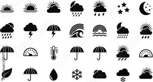 Weather Forecast Icon Set Featuring Sun Rain Clouds Umbrella Snow and Temperature Symbols for Meteorological App Interface Navigation and Environmental Climate Prediction Vector Graphic Design Assets
