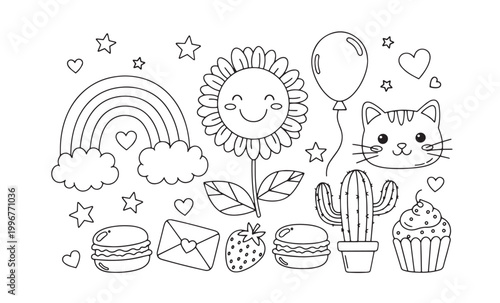 Whimsical doodle collection a charming black and white illustration