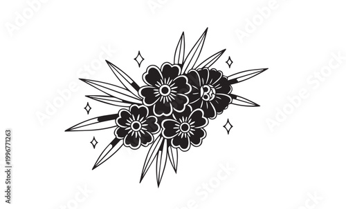 Vintage botanical illustration of black flowers with linear details