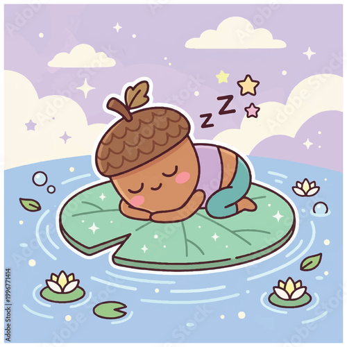 Cute Acorn Character Sleeping Peacefully on a Lily Pad.