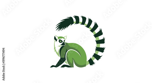 Stylized Green Lemur with Striking Ringed Tail Illustration.