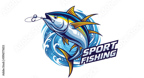 Tuna fish leaping from water with fishing hook sport fishing logo.