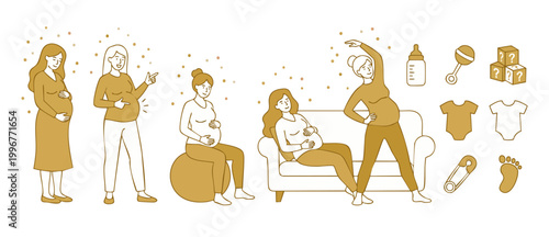 Pregnant women daily life set, healthy pregnancy routine with baby icons, yoga exercises and relaxation on sofa, line art illustration of motherhood and maternity care concept for family planning guid
