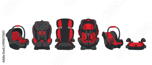 Baby Car Seat Collection Types, Safety Carriers and Toddler Booster Seats for Automotive Travel, Vector Illustration Set of Various Child Restraint Systems for Growing Kids in Red and Black Colors Iso