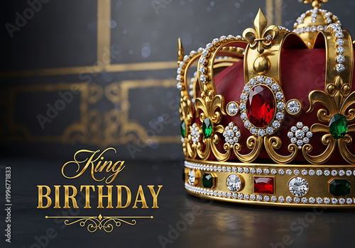 Luxurious gold crown with precious gems on a dark background for king birthday celebration