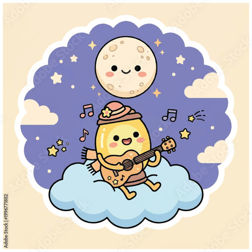 Cute Kawaii Egg Character Playing Guitar on Cloud.