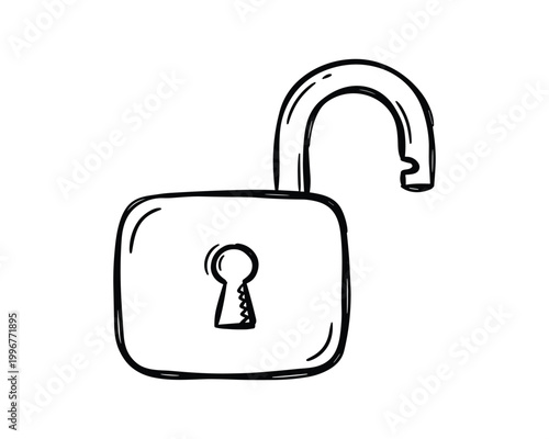 Open padlock sketch with keyhole on transparent background, representing unlocked security.