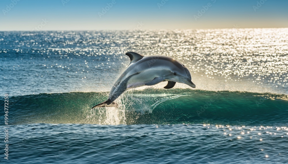 Fototapeta premium Graceful dolphin leaping out of a sparkling ocean wave during a sunlit day