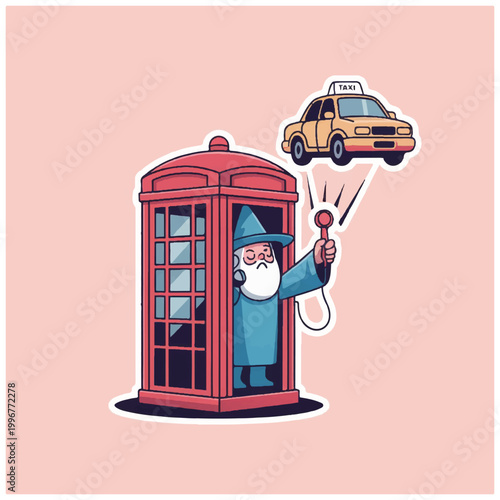 Wizard in a red phone booth calls a yellow taxi cab.