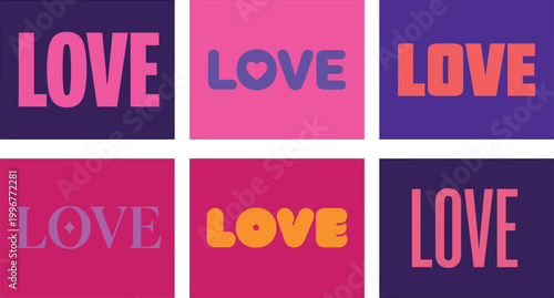 Collection of colorful love text graphics on square backgrounds  various colors