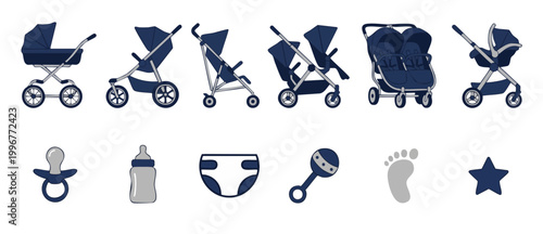 Baby Stroller Icons Set and Newborn Accessories Collection, Flat Vector Illustration of Modern Prams, Double Stroller, Pacifier, Baby Bottle, Diaper, Rattle, and Footprint Symbols for Nursery Design