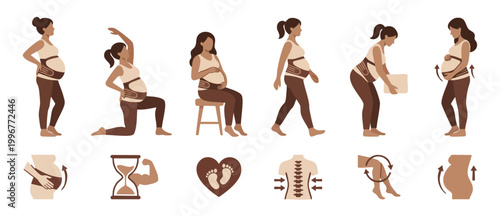 Pregnant Woman Maternity Support Belt Usage Guide and Activity Illustrations showing correct posture, ergonomic lifting, sitting, and walking techniques to relieve back pain and pelvic pressure during