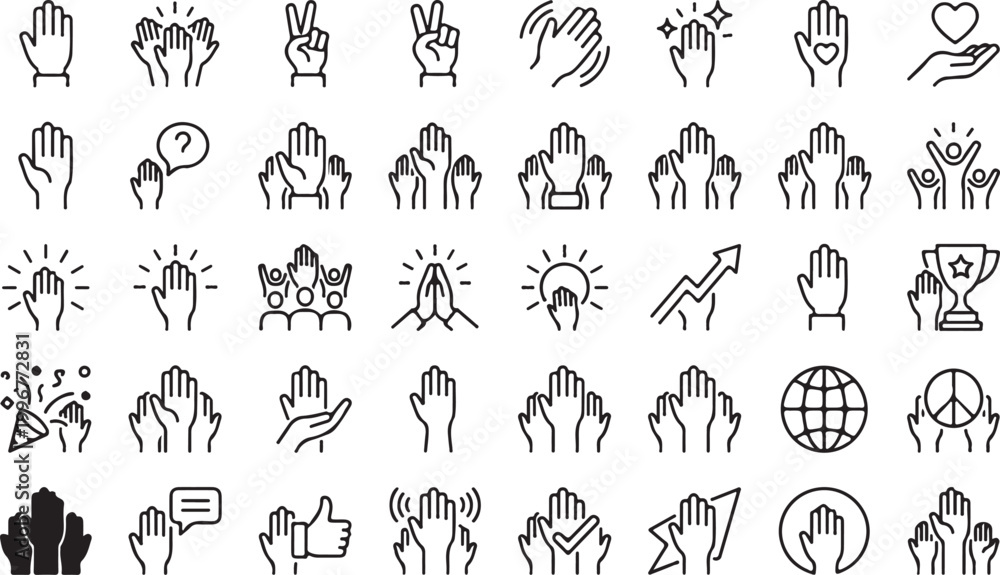 Fototapeta premium Minimalist hand gestures line icon set, 40 vector icons for community and teamwork, black outline hand symbols for communication and volunteering