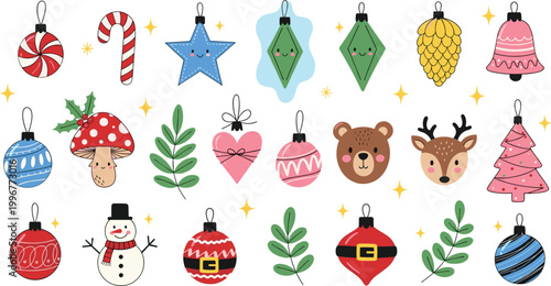 Whimsical Christmas Ornament Set with Candy Canes, Snowmen, Reindeer, and Fun Holiday Decorations for Festive Winter Designs