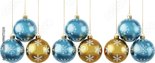 Christmas Ornament Set with Blue and Gold Baubles Featuring Snowflake Patterns for Winter Holiday Decorations