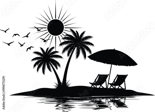 Photos tropical beach scene with palm trees and lounge chairs