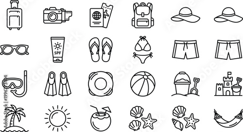 summer vacation icons set in black and white line art